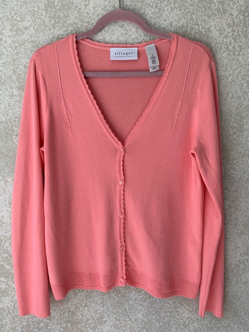 Villager Coral Pink Scalloped V-Neck Button Cardigan Medium